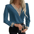 fashion women's clothing:  spring european and american style lace trimmed blouse, solid color patchwork v-neck long sleeve shirt