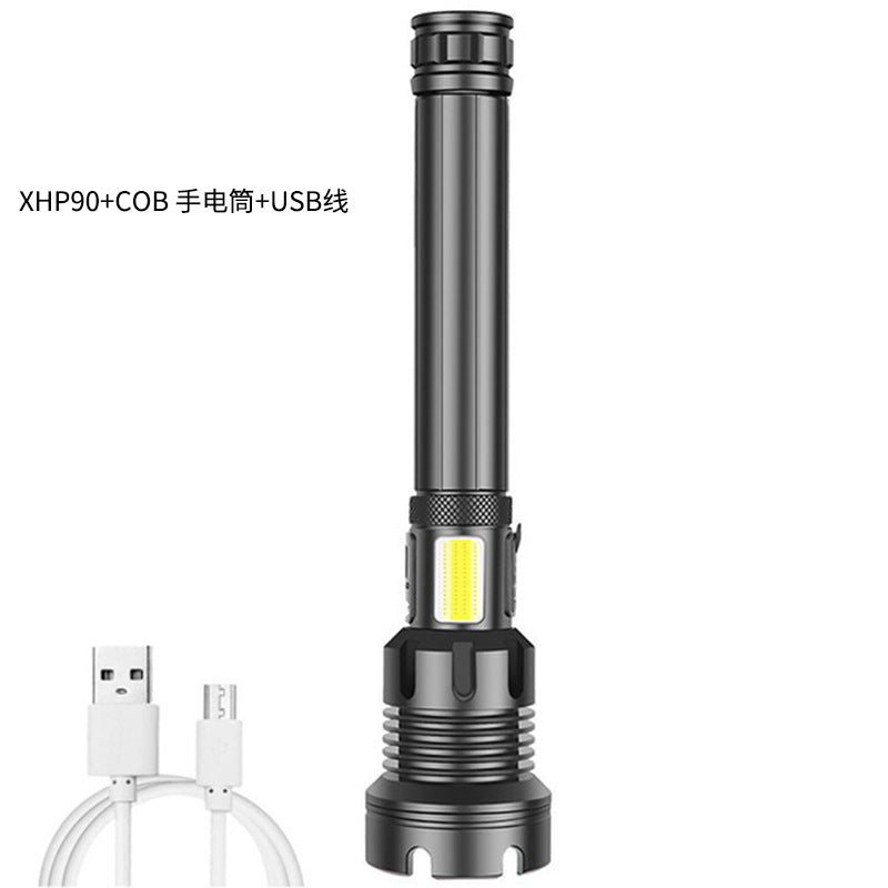 Cross-border new XHP90 + COB strong light flashlight USB charging outdoor zoom side light P160 LED flashlight