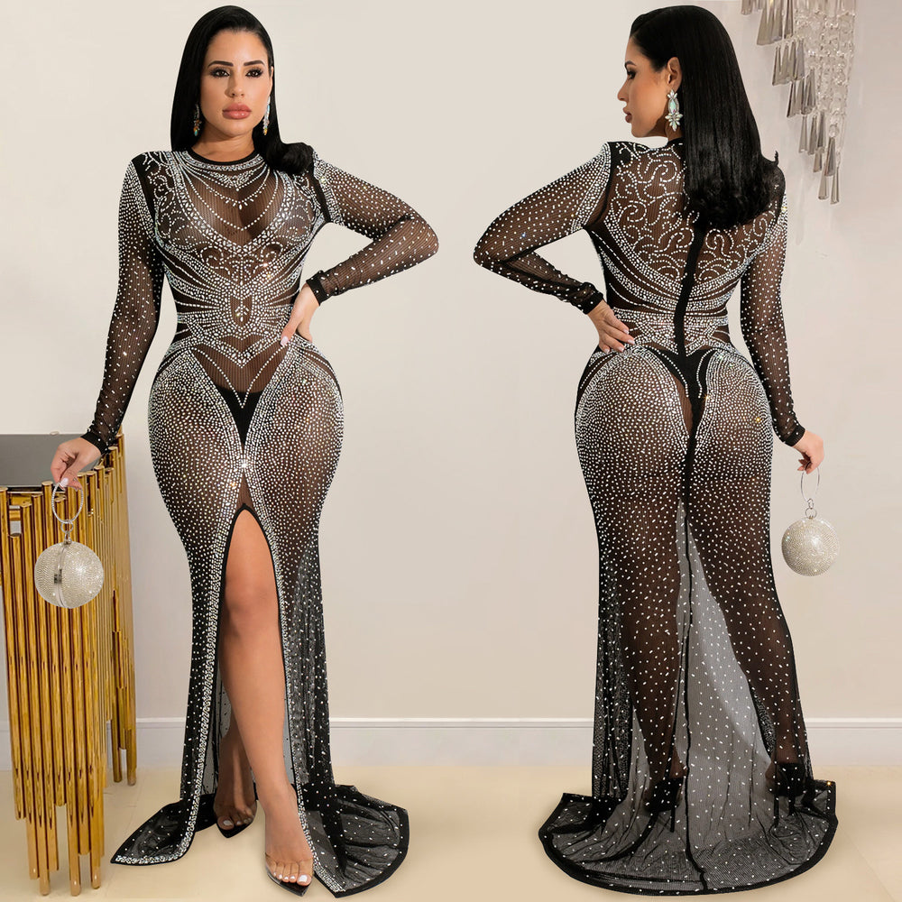 X5595  fashionable european and american style nightclub rhinestone embellished women's mesh see-through long sleeve slit maxi dress
