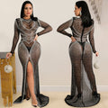 X5595  fashionable european and american style nightclub rhinestone embellished women's mesh see-through long sleeve slit maxi dress