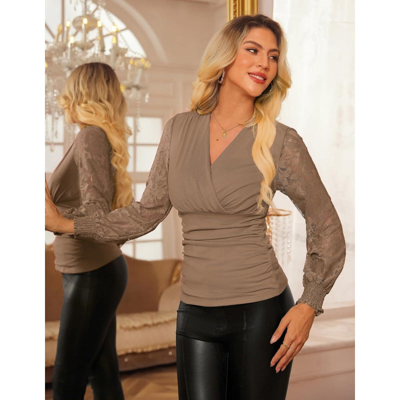 Amazon casualelegancelace pleated shirt women's  spring new arrivalelegantfashionlong sleevestops