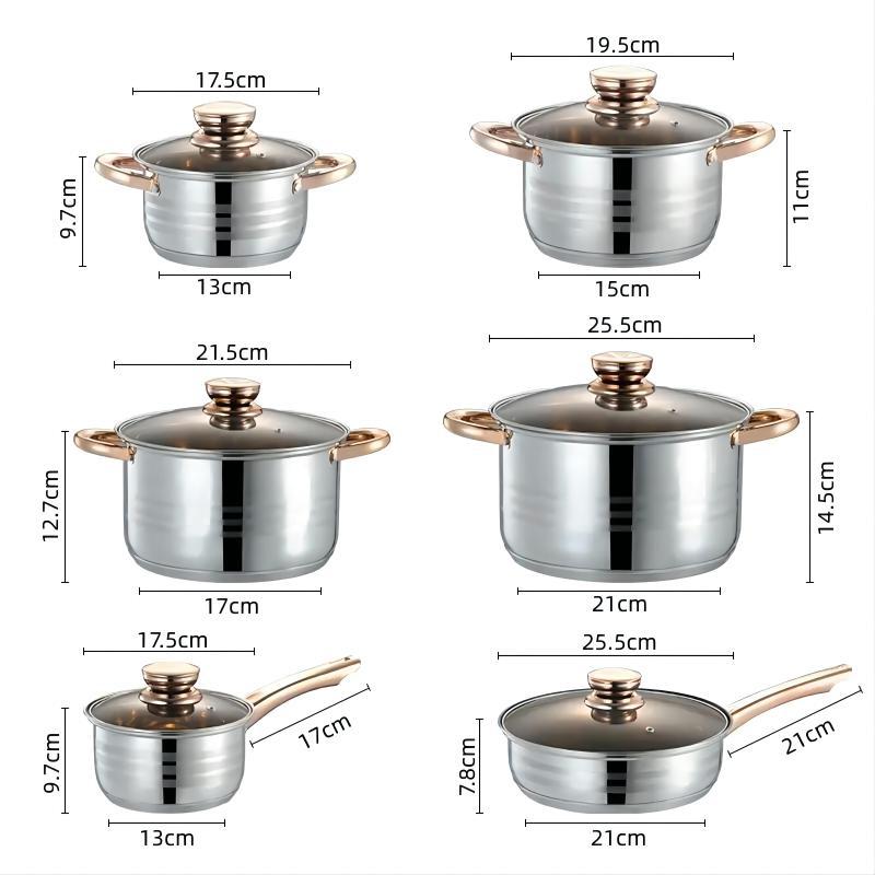 new compound bottom stainless steel pot kitchen simple frying pan soup pot milk pot with lid twelve-piece set wholesale
