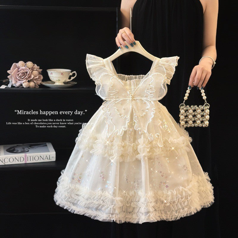 Girls' princess dress - summer  new collection: stunning and stylish white formal dress with butterfly wings for kids