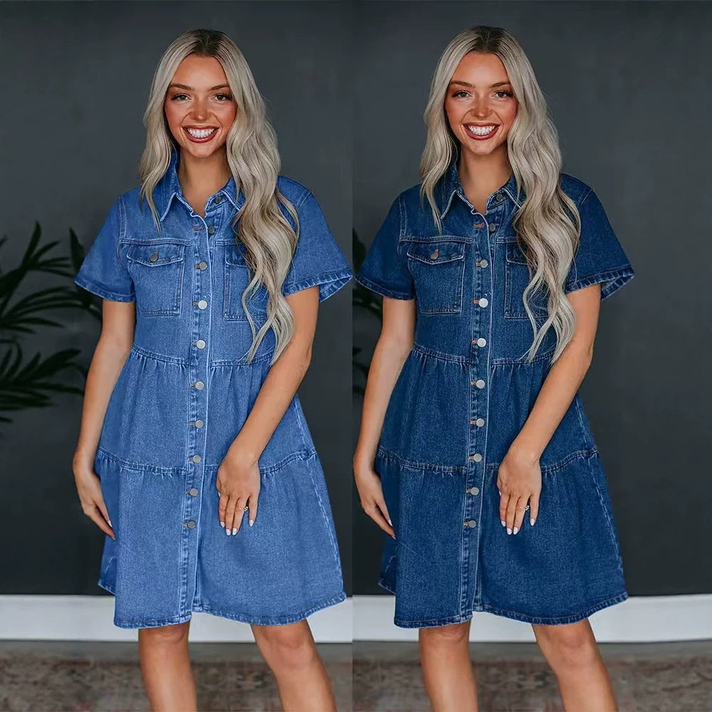 Amazon fashion independent station   fashion short sleeve multi button multi flap pocket pants skirt denim dress