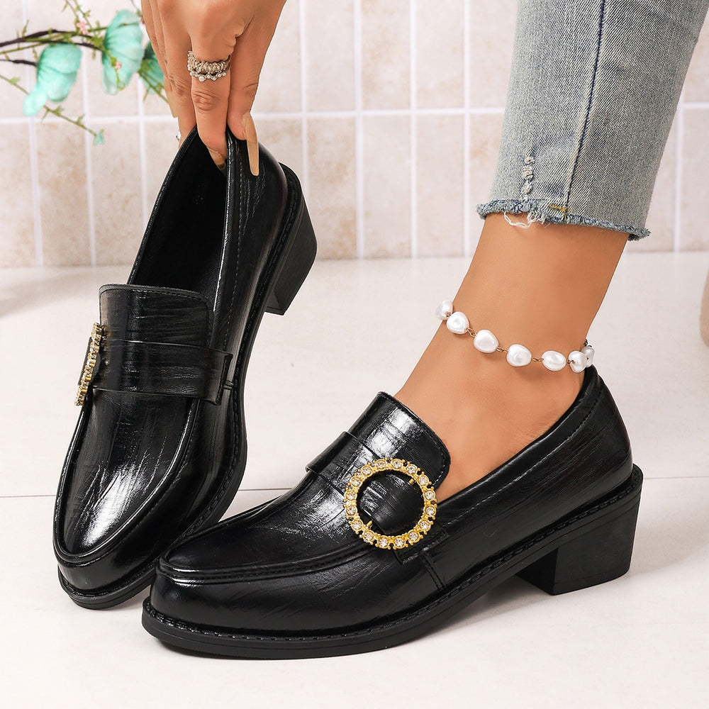 Export thick heel pointed toe loafers for women new arrival belt buckle black british small leather shoes plus sizeflatswholesale