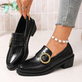 Export thick heel pointed toe loafers for women new arrival belt buckle black british small leather shoes plus sizeflatswholesale