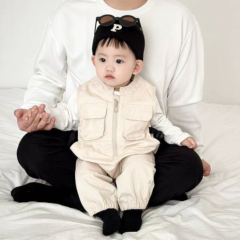 Baby boys' and girls' spring/autumn workwear pocket lightweight overalls two-piece set - stylish and minimalist outerwear spring/autumn outfit