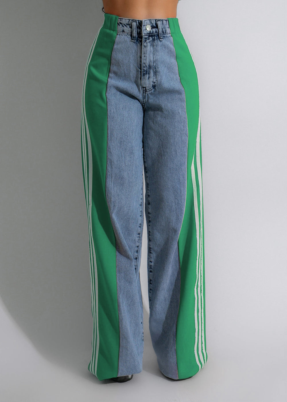 summer fashion patchwork three-stripe wide-leg denim pants - new women's casual high-waisted stretch straight-leg trousers