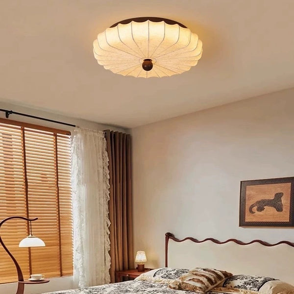 French Cream Wind Solid Wood Bedroom Ceiling Light Medieval Living Room Dining Table Light Japanese Wabi Sansan Wind Round Fabric Light