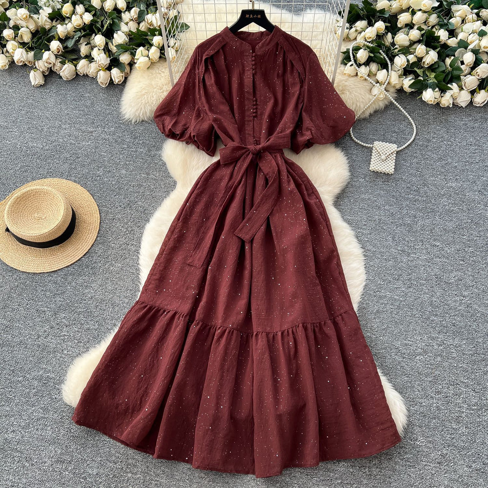 French fashion stand collar lantern sleeve tie-waist dress - slimming, elegant, sparkling ruffle hem maxi dress