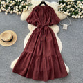 French fashion stand collar lantern sleeve tie-waist dress - slimming, elegant, sparkling ruffle hem maxi dress