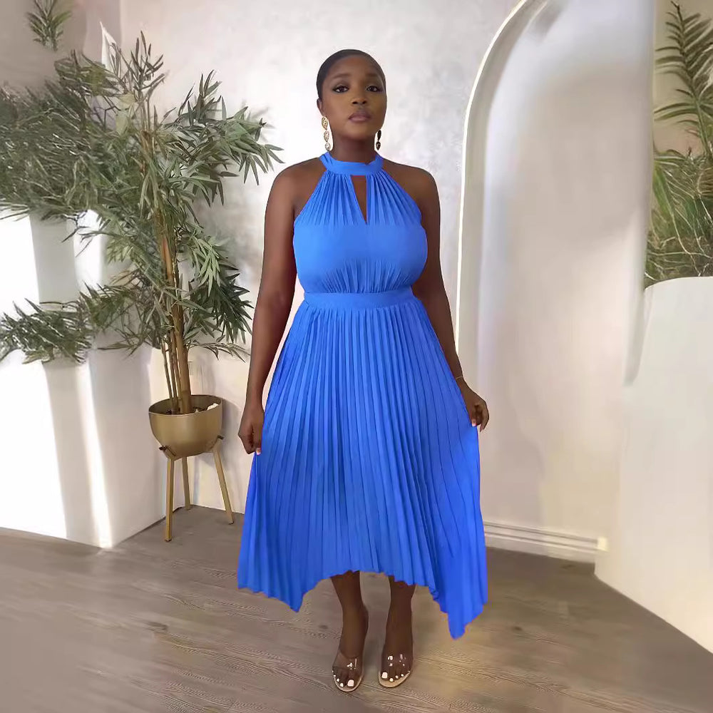 new sleeveless off-the-shoulder pleated asymmetrical halter neck slit pleated dress for cross-border fashion on  (us & europe)