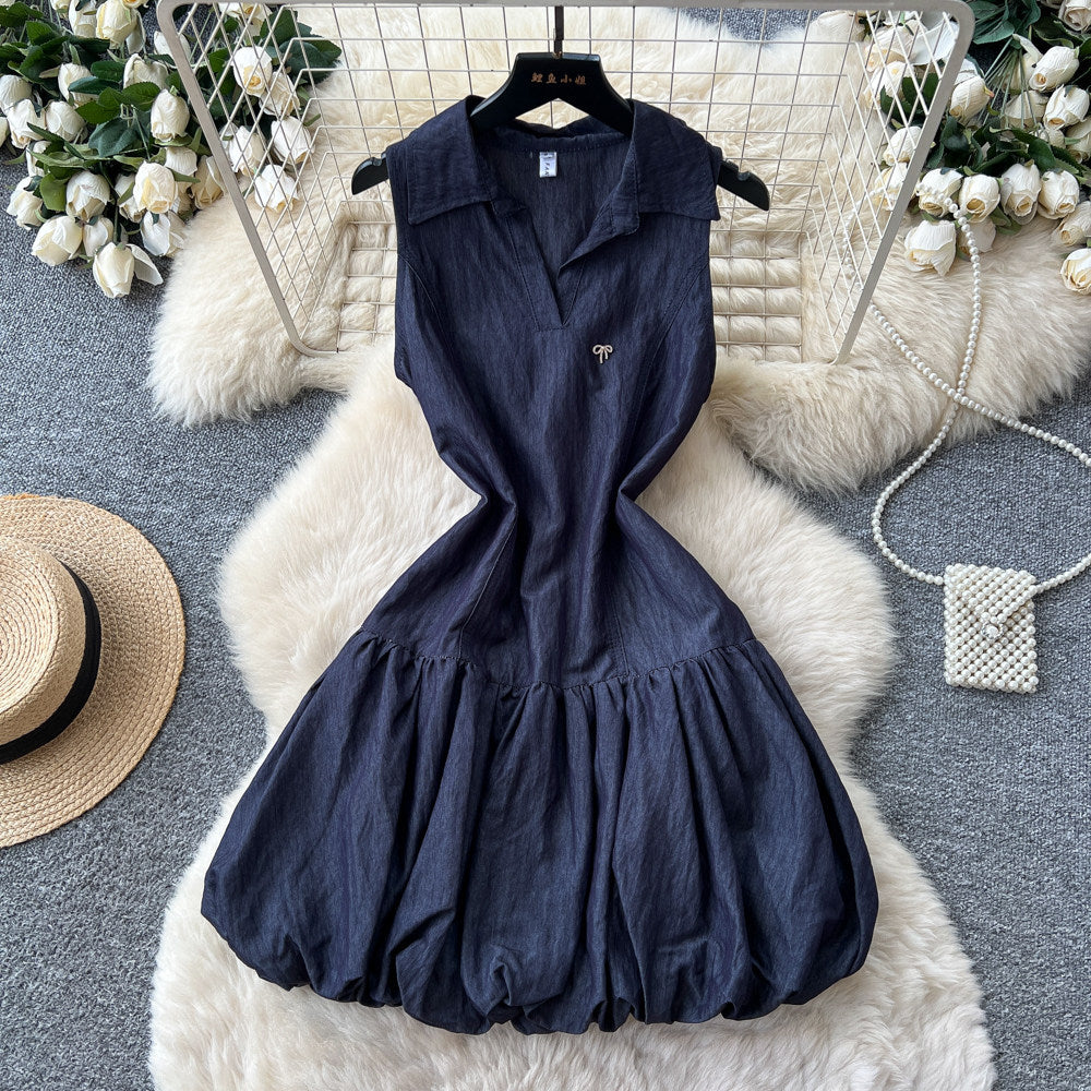 Korean style polo collar sleeveless tulip dress - women's summer bow-tie waist, elegant a-line mini dress for work and casual wear