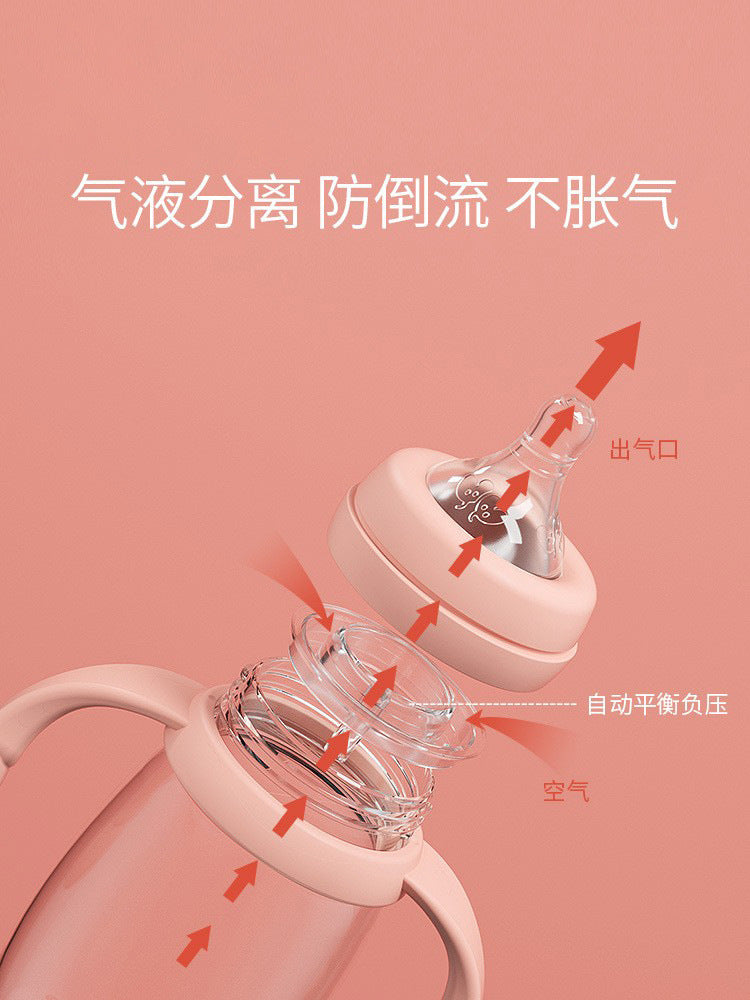 Manufacturer's wide-mouth glass baby bottles for newborns and older babies, featuring straw, anti-colic design, private label, and oem export options