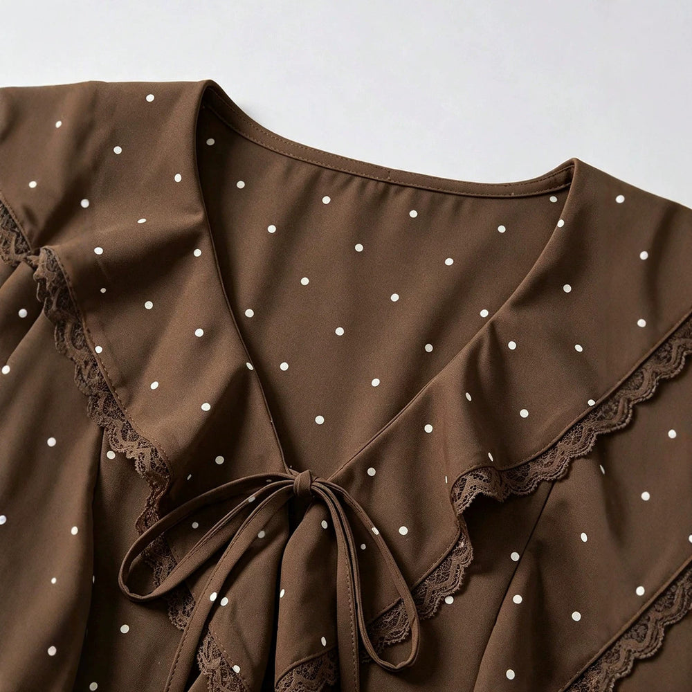 European and american style country polka dot blouse - v-neck, double-layer ruffle lace trim, tie-waist, loose fit, short sleeve top