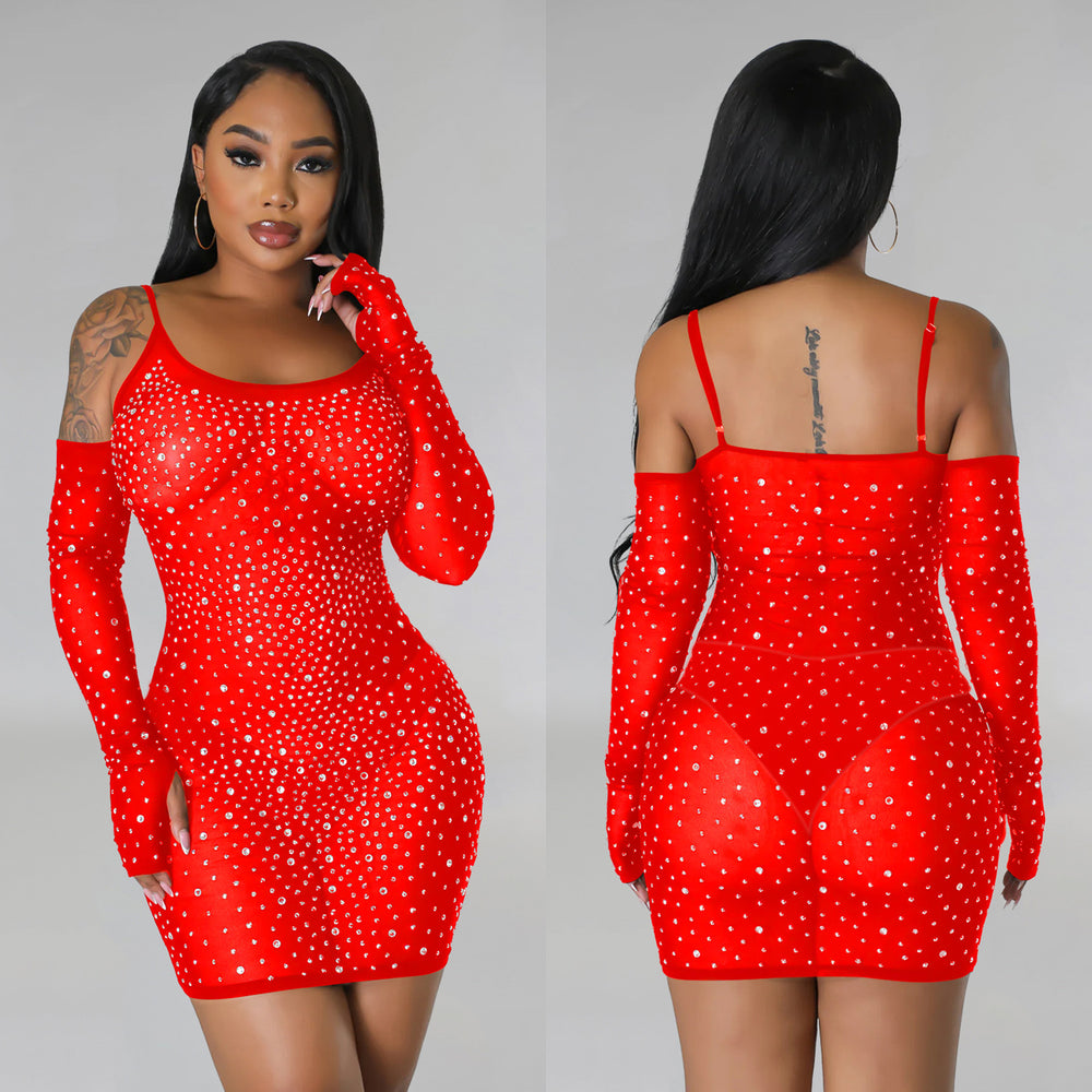 C6507   fashion women's solid color mesh rhinestone see-through suspender mini dress
