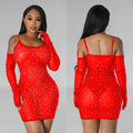 C6507   fashion women's solid color mesh rhinestone see-through suspender mini dress