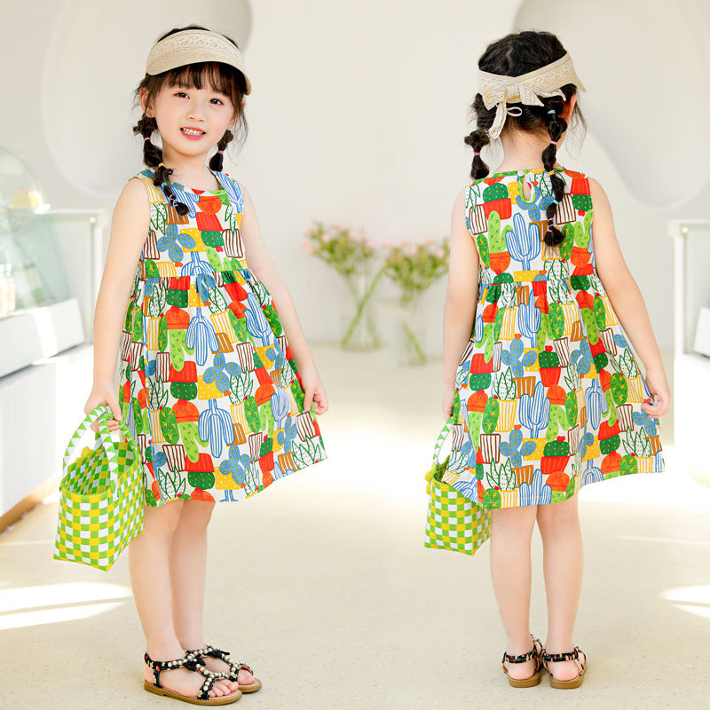 all-cotton a-line dress for girls, spring/summer sleeveless cartoon print princess dress for toddlers and young children