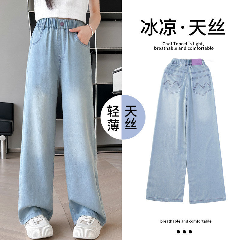 Girls' summer lightweight pants  new style: big girls' ice silk tencel jeans, middle school slim fit wide leg pants
