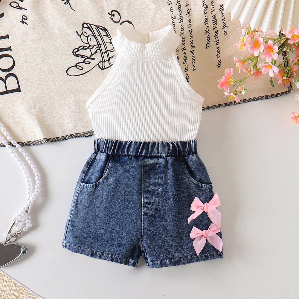 26 cross-border summer girl pink and white pit strip halter top + denim shorts sweet bow children's clothing wholesale in stock
