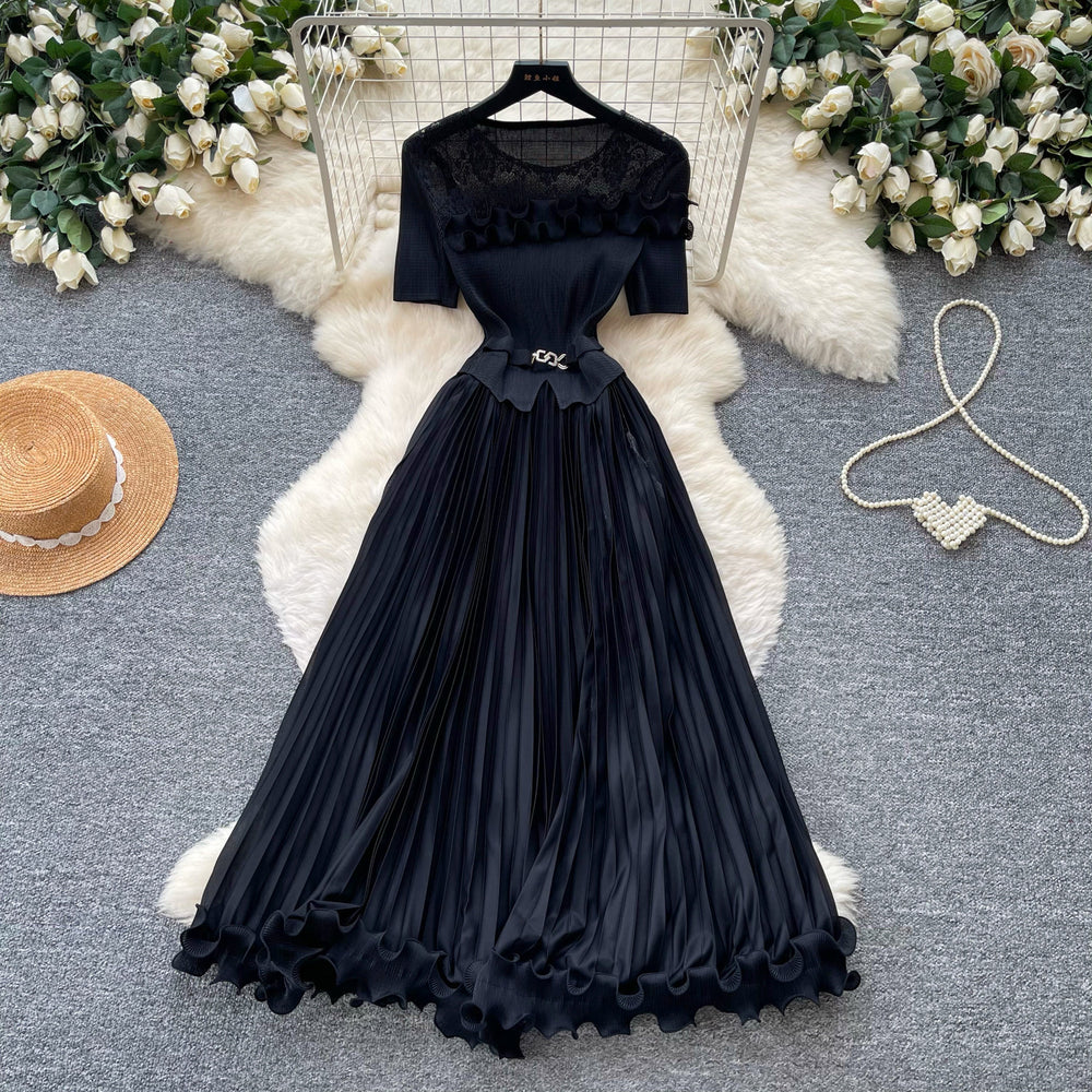 Lightly mature elegance style green pleated mesh dress women's short-sleeved high waist waist pleated long skirt work clothing socialite style