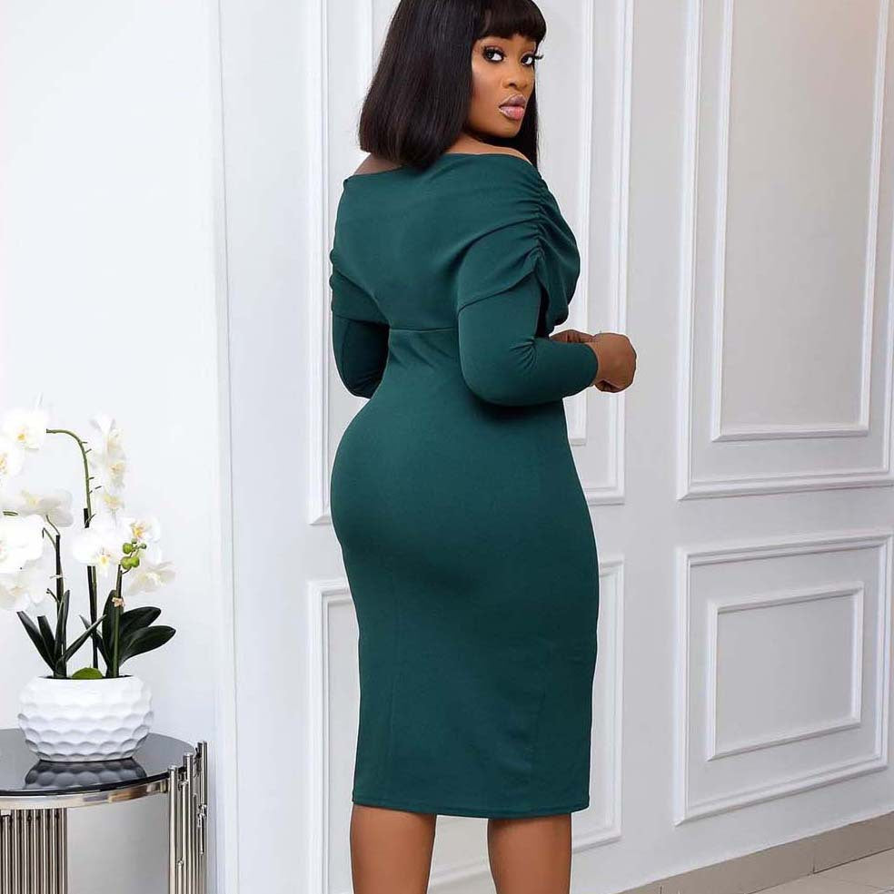 D095c  independent station autumn new cross-border african women's clothing large size v neck pleated long sleeves fashion dress