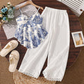 Girls' two-piece set:  spring/summer new french print irregular hem cami top and lace wide-leg pants