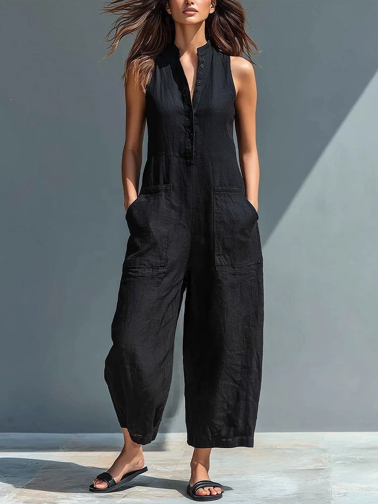 european and american women's clothing  independent station casual women's sleeveless stand collar pocket jumpsuit independent station black