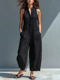 european and american women's clothing  independent station casual women's sleeveless stand collar pocket jumpsuit independent station black