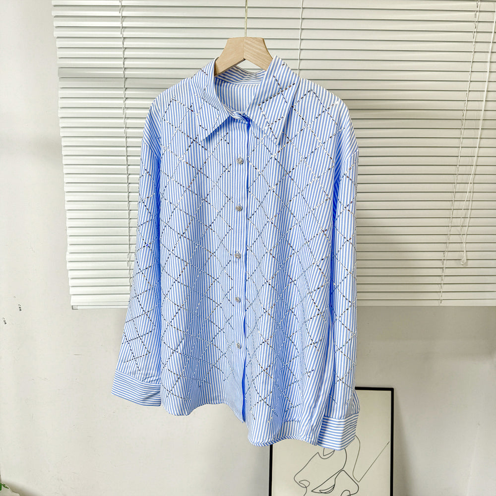 2025 summer new women's french chic rhinestone argyle casual loose thin long sleeve turn-down collar blouse shirt