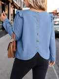 European and american casual women's top - solid color crew neck, flutter sleeves, button-back, curved hem, loose fit, slimming blouse