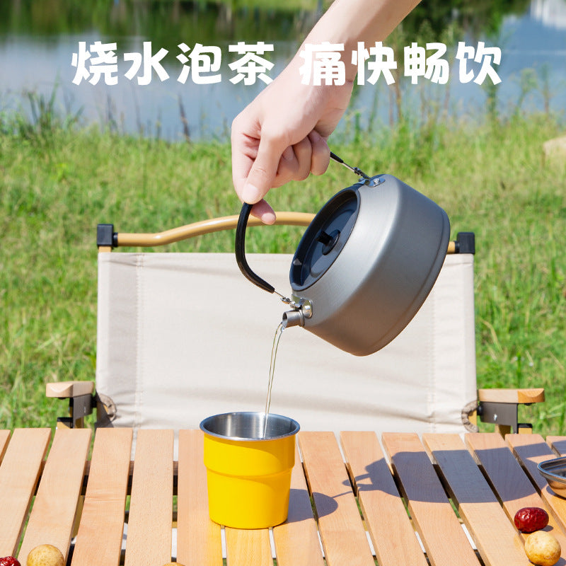 Outdoor cookware set: kettle, frying pan, cooking pot - camping gear, camping cookware, portable foldable cookware for portable stoves (e.g., butane stoves)