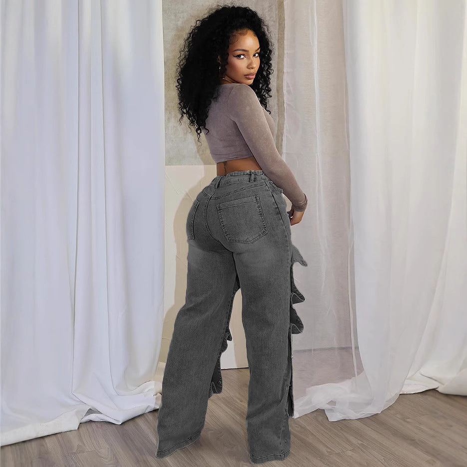 European and american style straight-leg jeans -  cross-border women's fashion - autumn street style trendy detachable button high-waisted pants