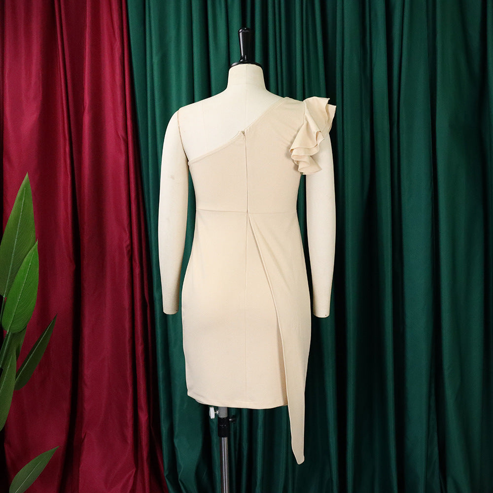 D378 european and american plus size women's fashion: elegant, slimming, one-shoulder ruffle hem bodycon plus size export dress