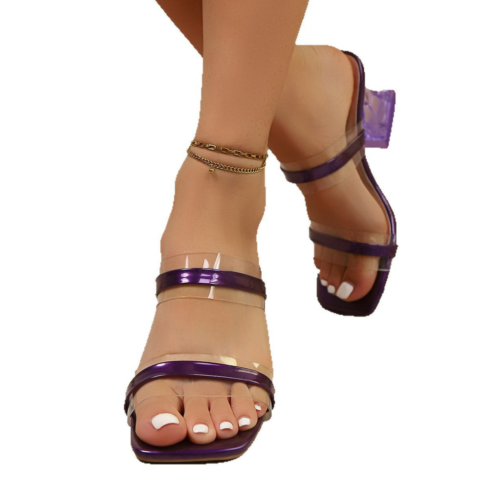 Export  summer new crystal thick heel sandals women's cross-border 43 large size toe crystal heel sandals wholesale