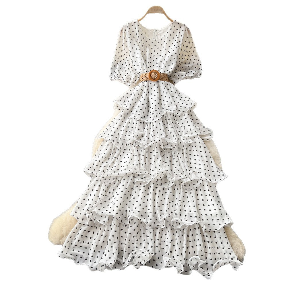 French red polka dot a-line dress - high waist, slimming, tiered cake skirt, elegant workwear maxi dress