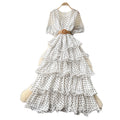 French red polka dot a-line dress - high waist, slimming, tiered cake skirt, elegant workwear maxi dress