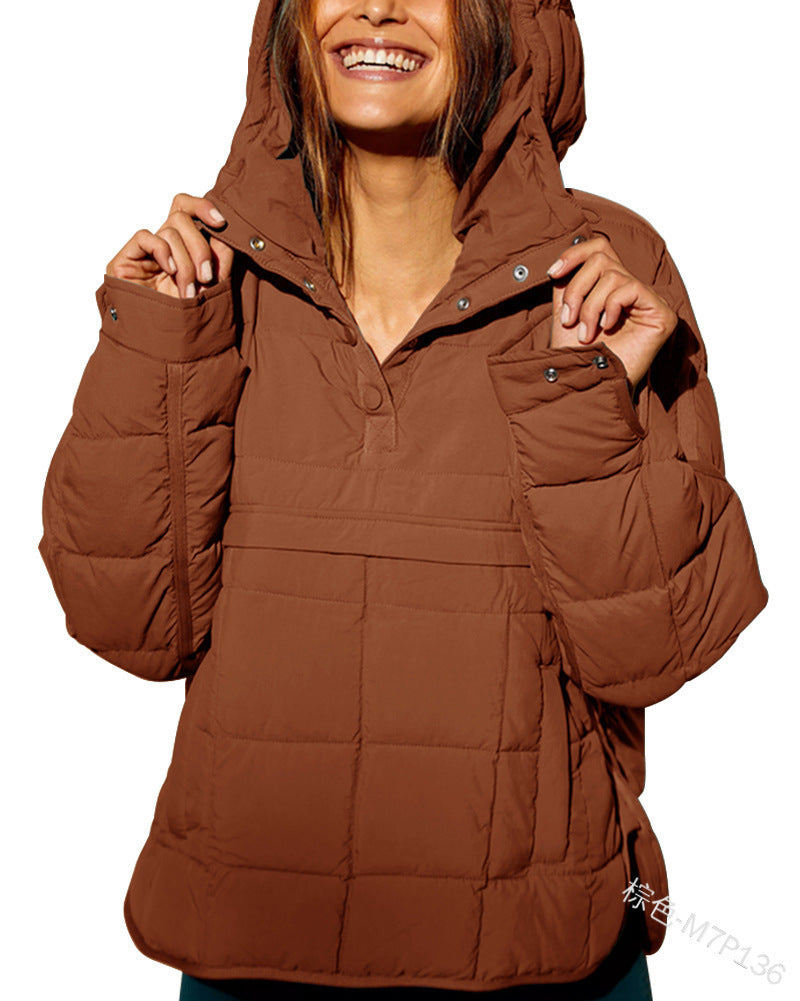 European and american  new casual fashion solid color cotton padded jacket, loose fit long sleeve pullover hoodie with round hem top