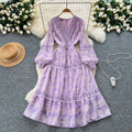 French court style floral lantern sleeve dress - women's spring hollow-out crochet v-neck design, elegant and luxurious maxi dress