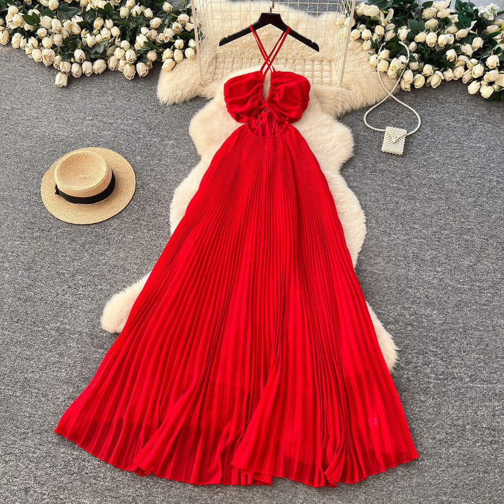 Beach vacation style ethereal flowy red beach dress women's french sweet halter sundress