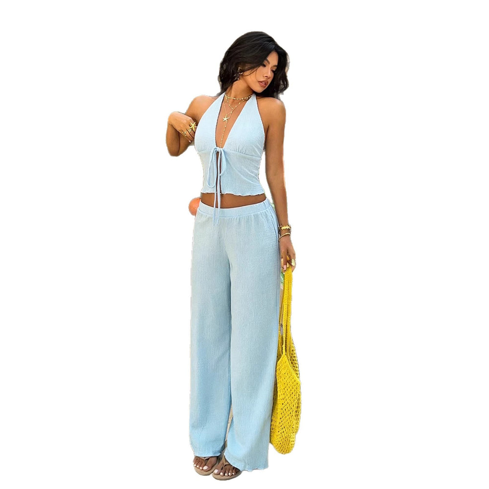 European and american cross-border lazy vacation style set: light blue halter neck tie crop top with high-waisted wide-leg pants two-piece outfit