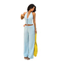 European and american cross-border lazy vacation style set: light blue halter neck tie crop top with high-waisted wide-leg pants two-piece outfit