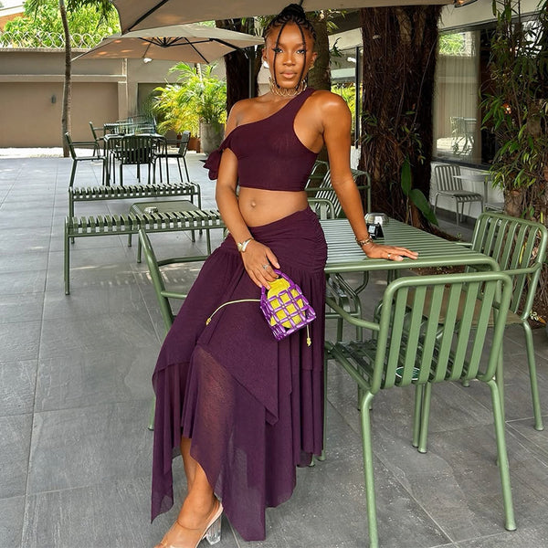 European and American  women's clothing 2025 summer new temperament diagonal collar suspender top high waist irregular skirt set