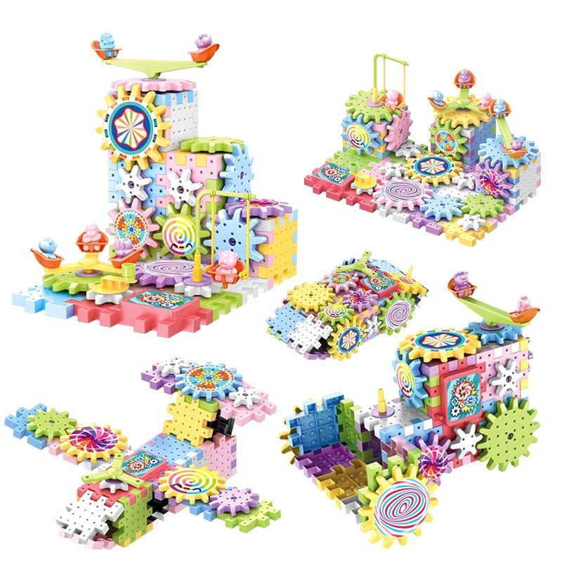 Transforming building blocks: mechanical gear interlocking children's electric track diy educational stem assembly toy - cross-border