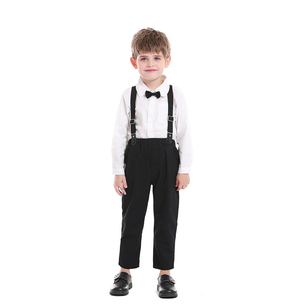 spring new boys' korean style outfit: long-sleeved shirt & striped overalls two-piece gentleman's children's clothing wholesale