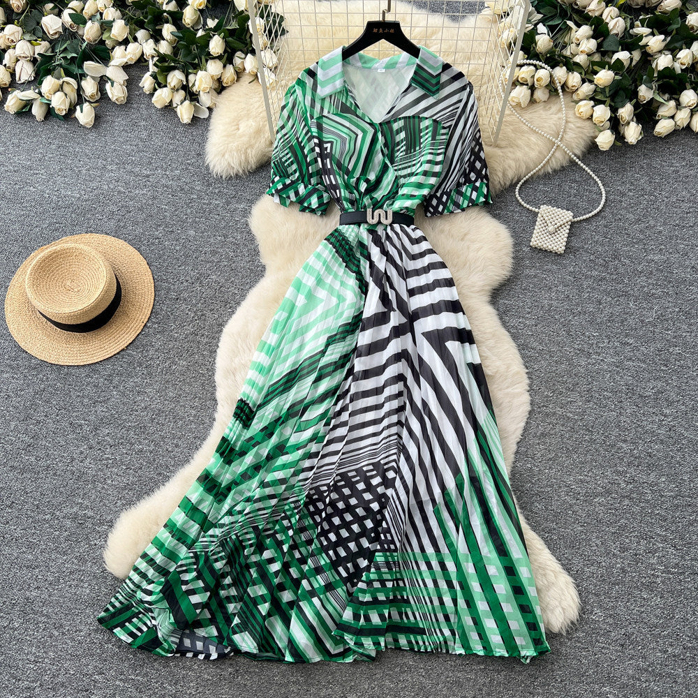 Korean style v-neck geometric print dress - women's spring  short sleeve, slim fit, a-line maxi dress - commute chic