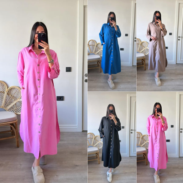 2025 Cross-border  Women's Solid Color Dress Shirt Long Dress Fashion Casual Long Sleeve Cardigan Dress Women