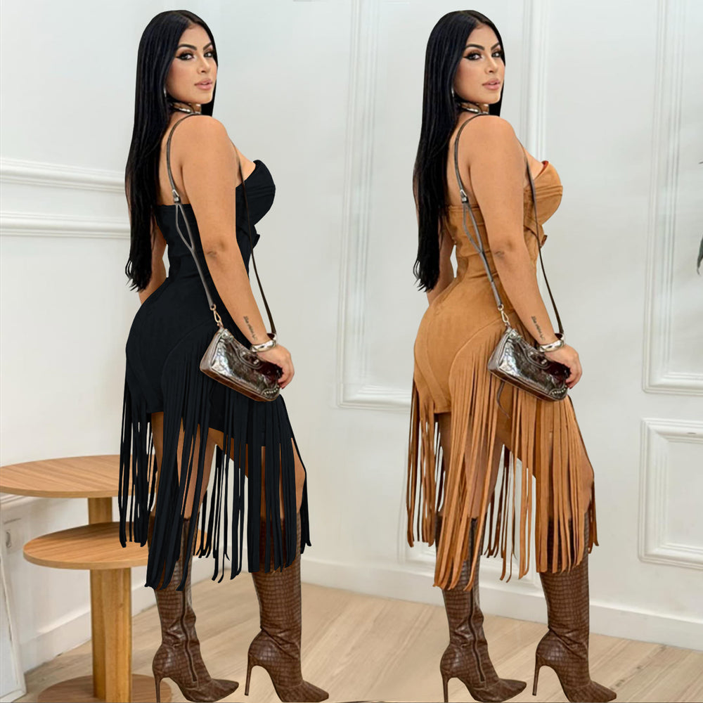 C7426 cross-border   fashion women's sexy sleeveless bandeau backless tassel dress