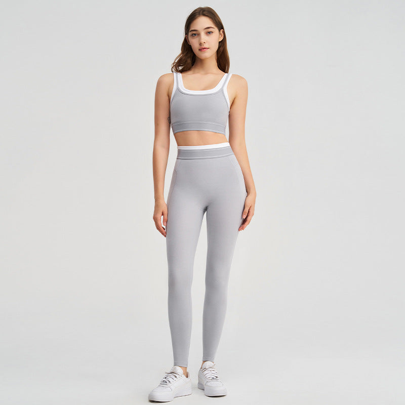 new arrivalfake two-piececontrast color white striped hip lifting pants suspender running sports intimates bra yoga suit
