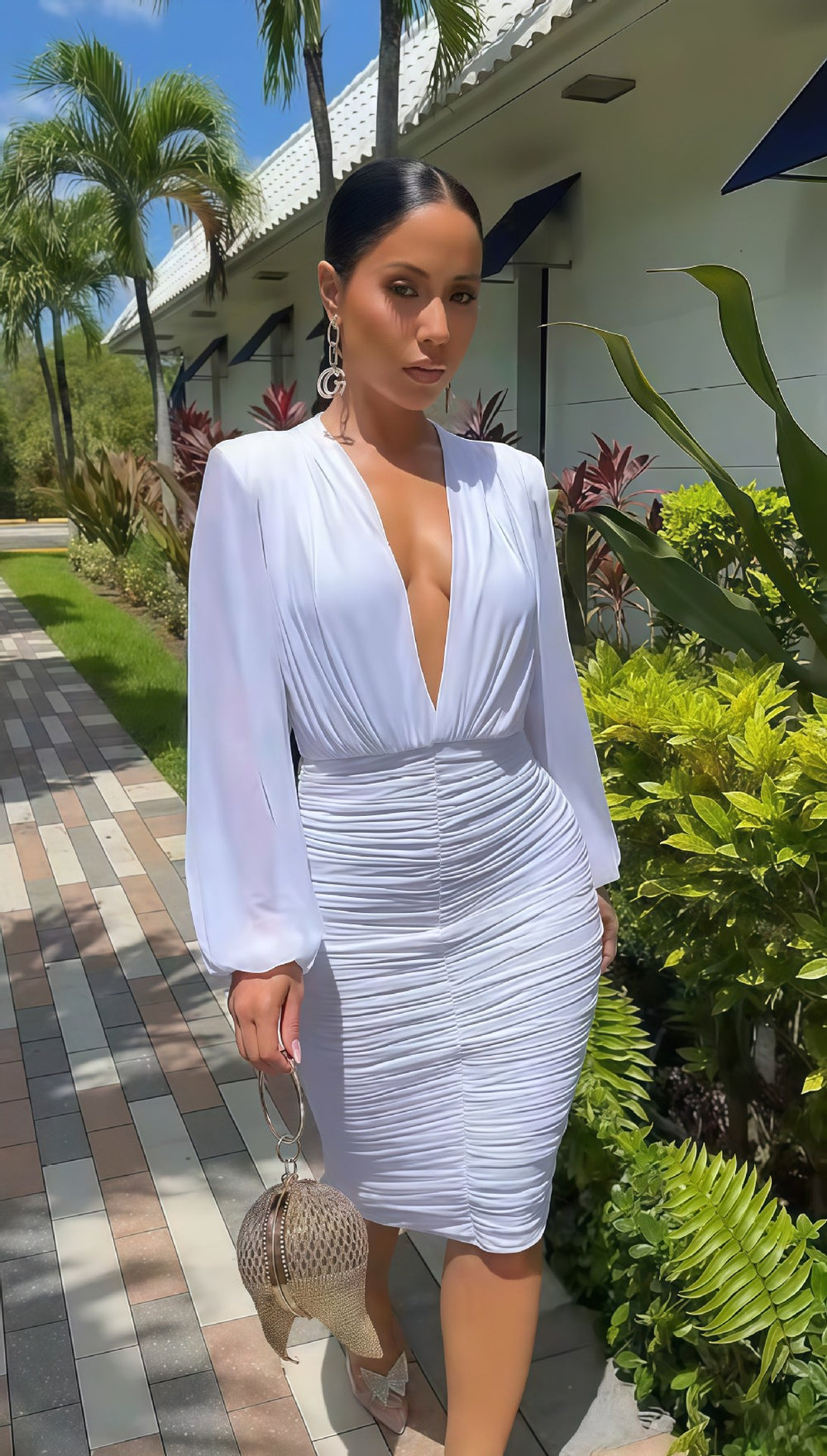 European and american cross-border women's fashion:  autumn new arrival - solid color long sleeve deep v-neck cinched waist ruched slim fit maxi dress
